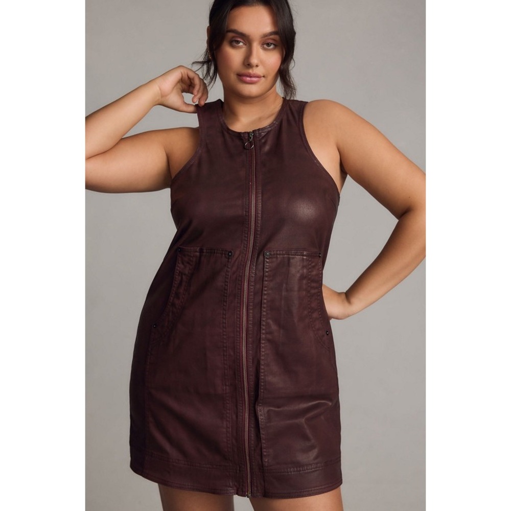 Pilcro Coated Crewneck Mini Dress Burgundy Wine Sleeveless Zip‎ Front Utility 12